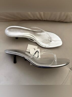 ZARA Silver Clear-Strap Kitten Heel Sandals